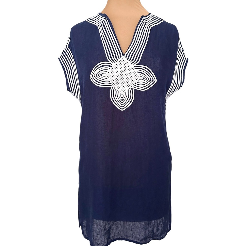 Tory Burch Linen Tunic Dress Women XS Navy Blue Soutache Embroidered Resort Wear